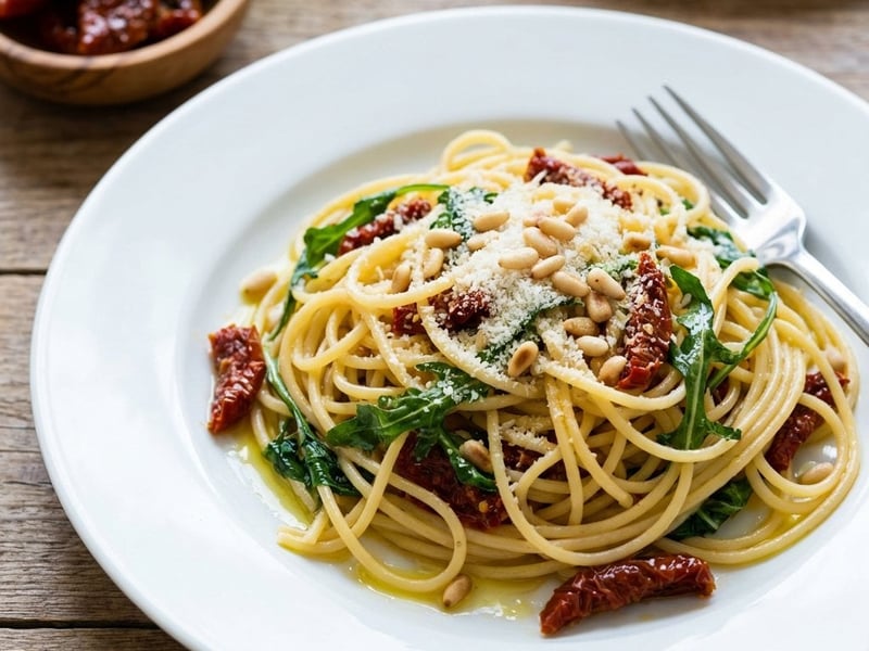 Spagetti aszalt paradicsommal és rukkolával
