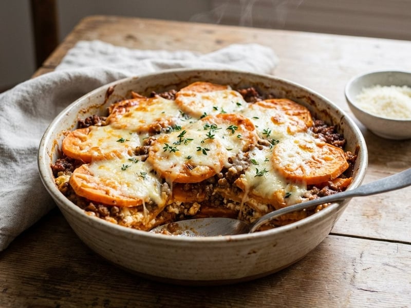 Édesburgonya lasagne darált marhahússal