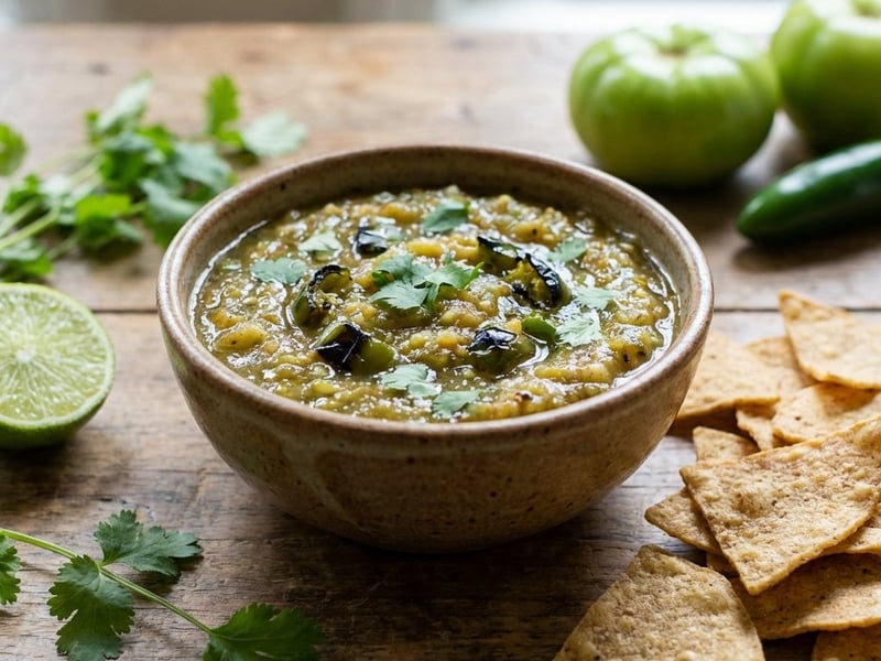 Sült zöldparadicsom salsa házi tortilla chipsszel