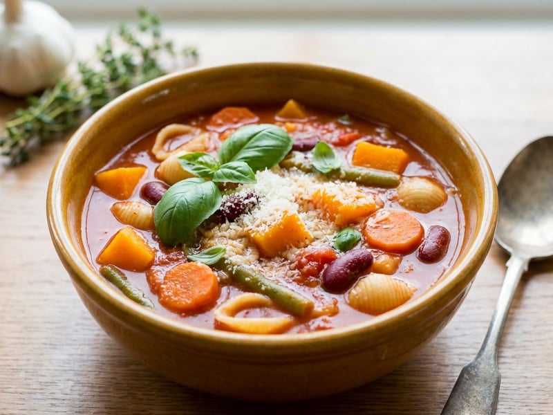 Minestrone leves sütőtökkel és zöldbabbal