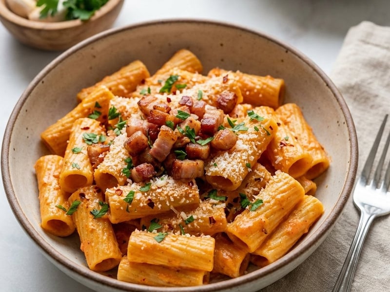 Rigatoni alla vodka | Krémes olasz tészta ropogós pancettával