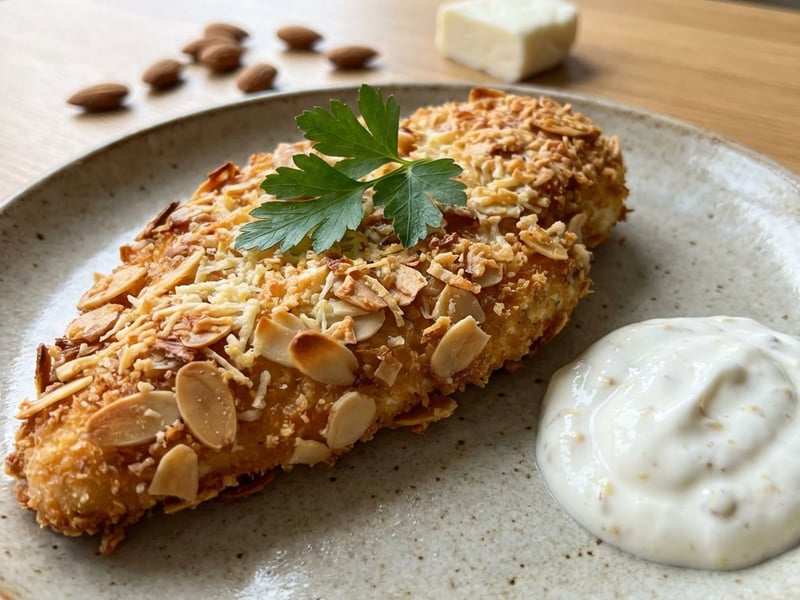 Mandulás-halloumi bundás csirkemell