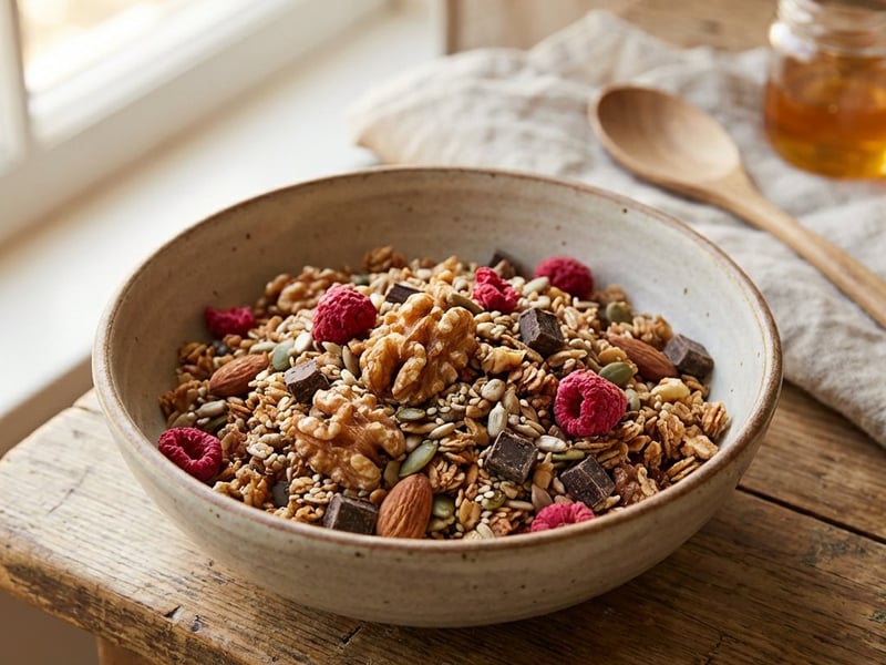 Mogyorós granola étcsokoládéval és málnával