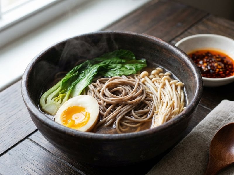 Ázsiai húsleves soba tésztával, tojással és pak choi-jal
