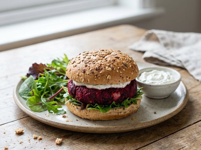 Céklás burger kecskesajtos mártogatóssal