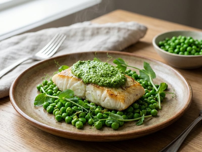Halibut mentás zöldborsópestóval