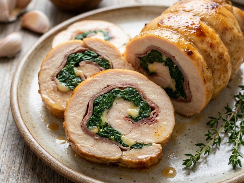 Ünnepi csirkerolád szárított sonkával, parmezánnal és spenóttal