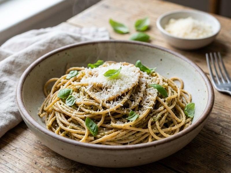 Teljes kiőrlésű spagetti sült fokhagymás pestóval