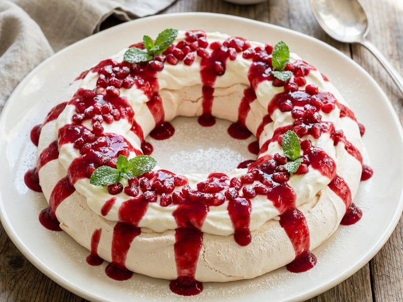 Pavlova-koszorú gránátalmával és málnaöntettel