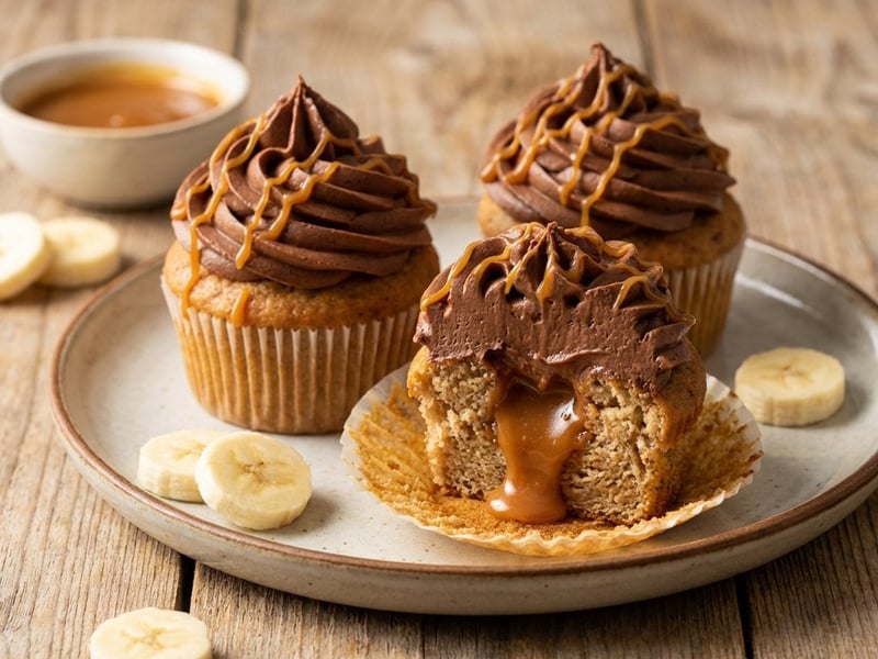 Banana cupcake with caramel and chocolate cream