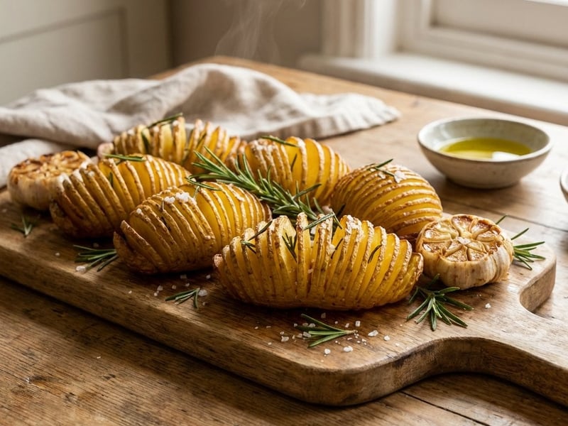 Svéd Hasselback sült burgonya fokhagymával és rozmaringgal