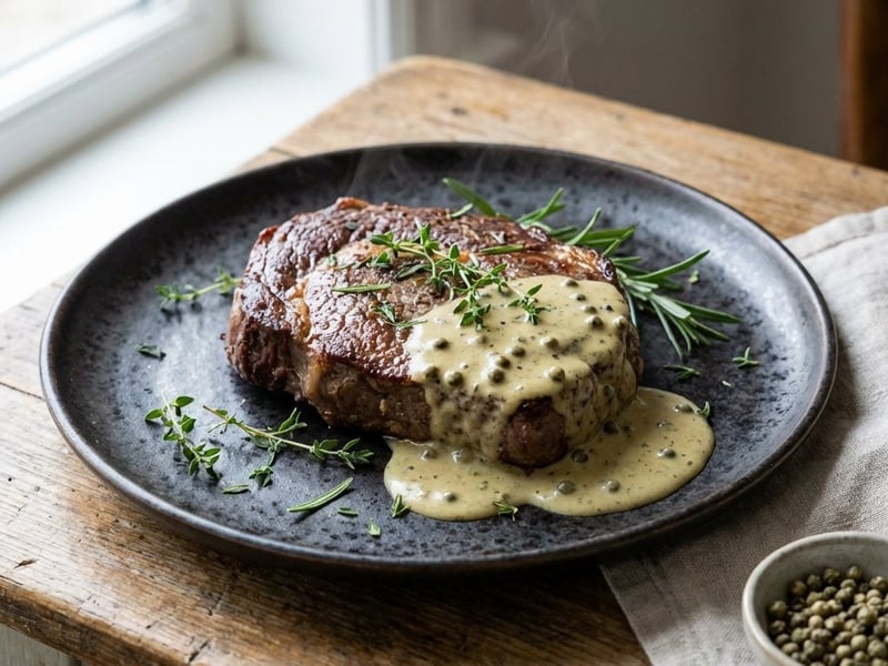 Zöldborsmártásos marhasteak whiskey-vel