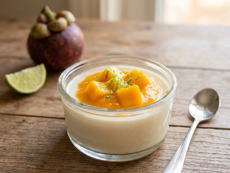 Mangosztán panna cotta mangóraguval