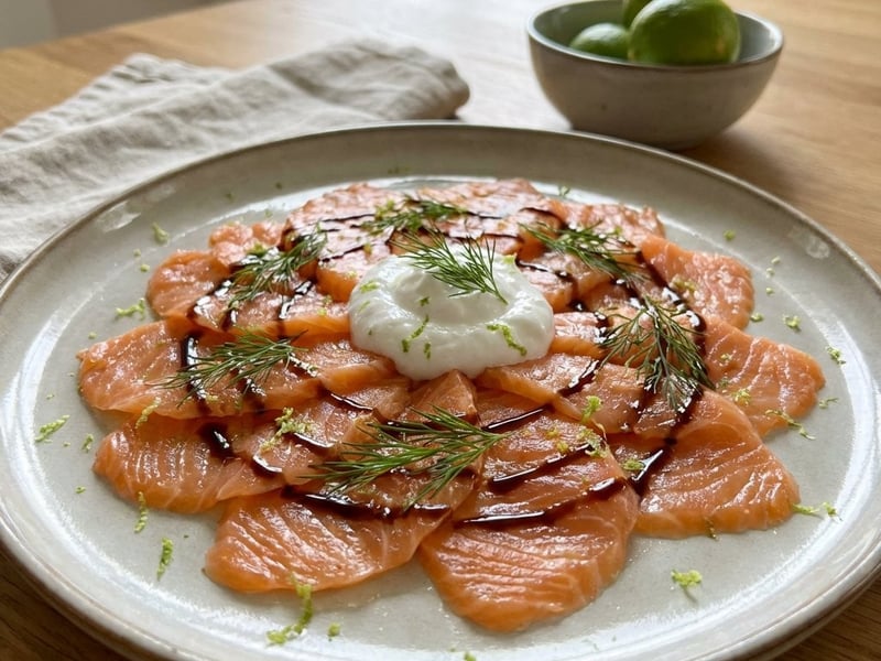 Lazac carpaccio kókuszkrémmel és lime-mal
