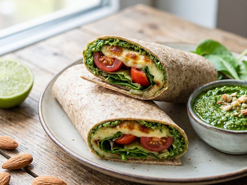 Grillezett sajtos wrap spenótpesztóval és paradicsommal
