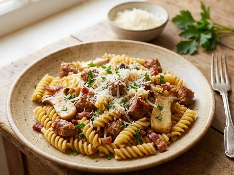 Basilicata fusilli kolbásszal és gombával