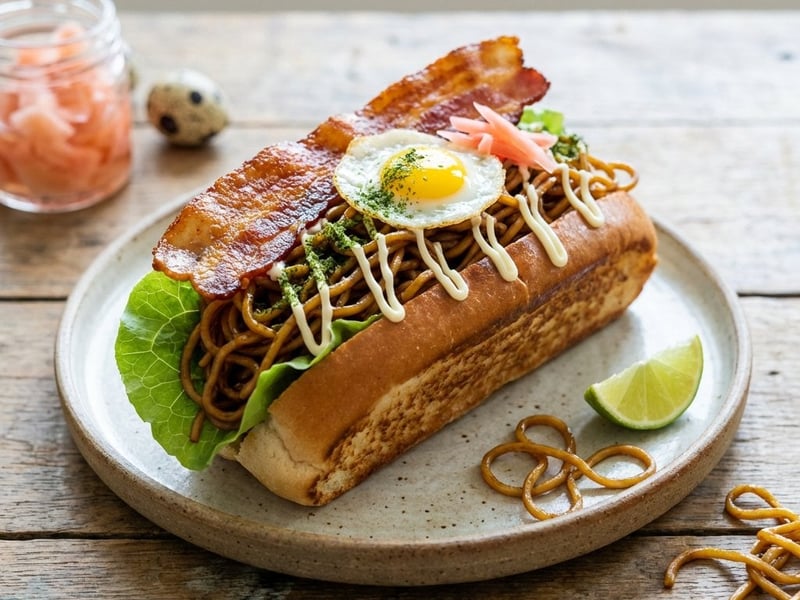 Ázsiai stílusú hot dog pirított tésztával és ropogós szalonnával