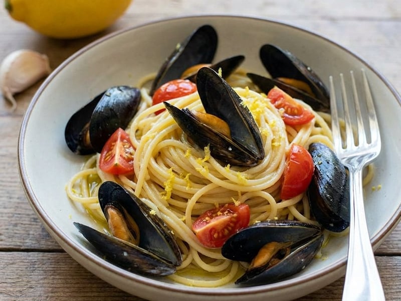 Spagetti fekete kagylóval és koktélparadicsommal