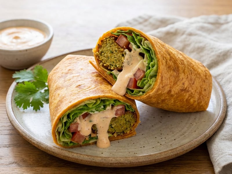 Falafel tortillában chili-lime majonézzel