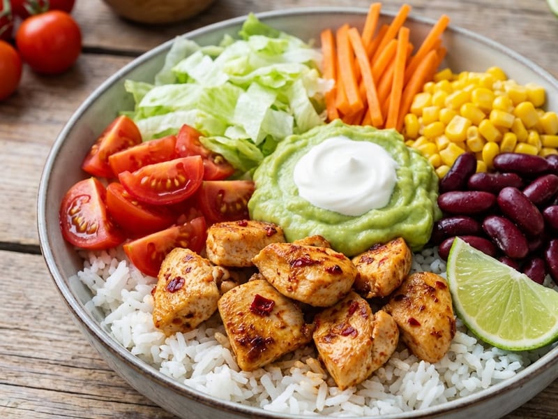 Mexikói tál chilis csirkével és avokádóval