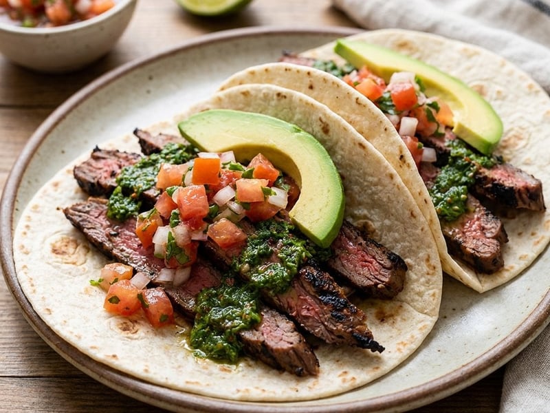 Steak tortilla with chimichurri and fresh salsa