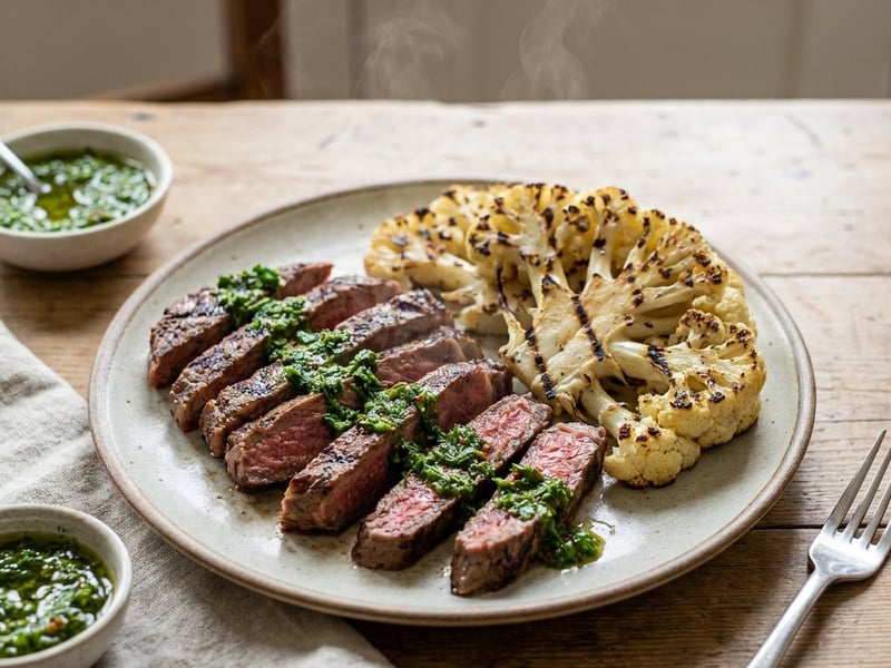 Steak chimichurri mártással és sült karfiollal