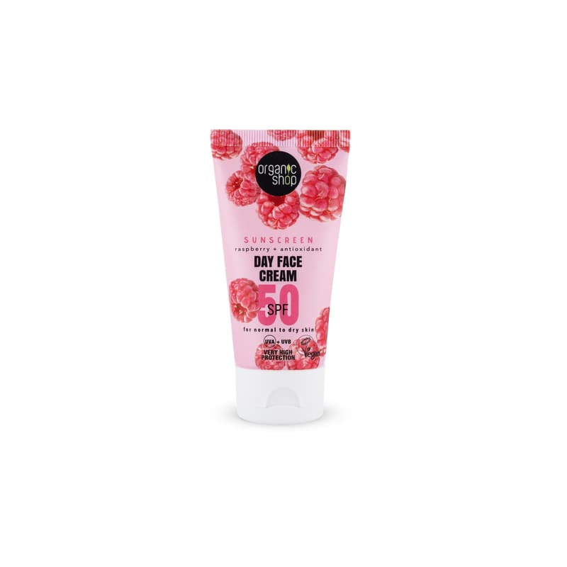 Organic Shop fényvédő nappali arckrém málnával és antioxidánsokkal SPF50 (normál és száraz bőrre)