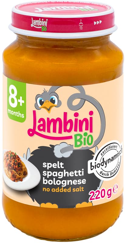 Lambini BIO Demeter Tönköly Spagetti Bolognai módra bébiétel 8 hónapos kortól