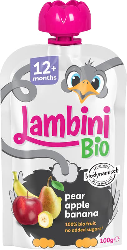Lambini BIO Demeter Körte Alma Banánnal gyümölcspüré 12 hónapos kortól
