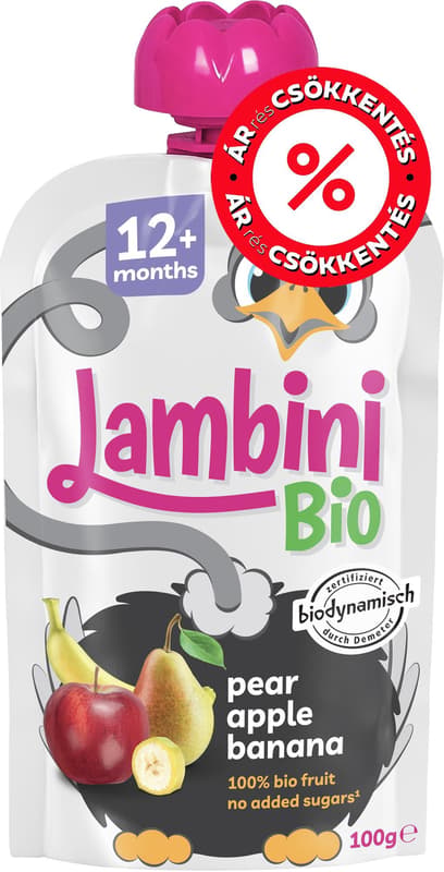 Lambini BIO Demeter Körte Alma Banánnal gyümölcspüré 12 hónapos kortól