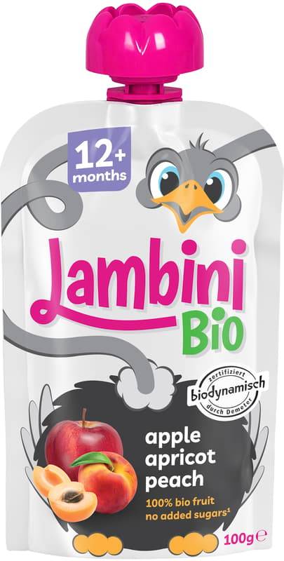 Lambini BIO Demeter Sárgabarack Őszibarack Almában gyümölcspüré 12 hónapos kortól