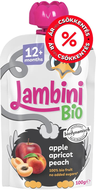 Lambini BIO Demeter Sárgabarack Őszibarack Almában gyümölcspüré 12 hónapos kortól