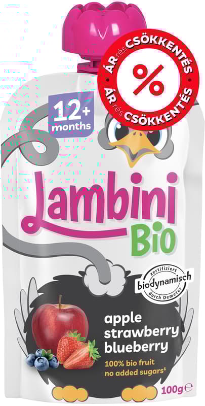Lambini BIO Demeter Alma Áfonyával és Eperrel gyümölcspüré 12 hónapos kortól