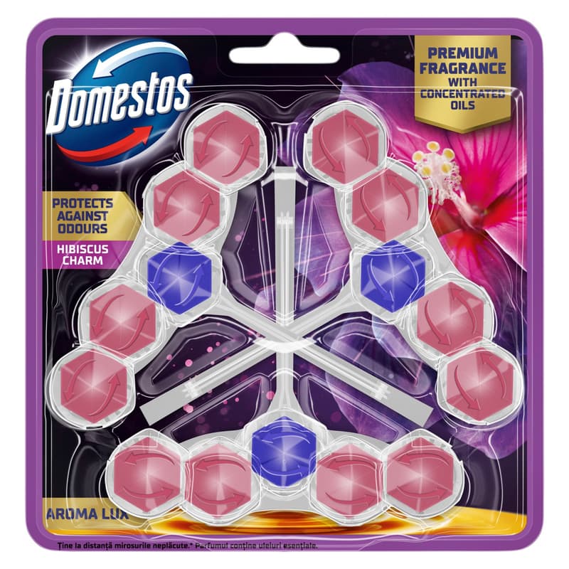 DOMESTOS Aroma Lux WC freshener block, Hibiscus Charm, with concentrated essential oils, 3x50g