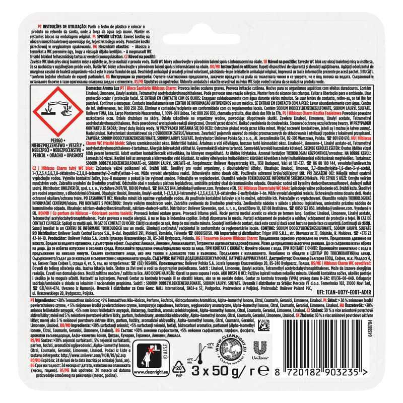 DOMESTOS Aroma Lux WC freshener block, Hibiscus Charm, with concentrated essential oils, 3x50g