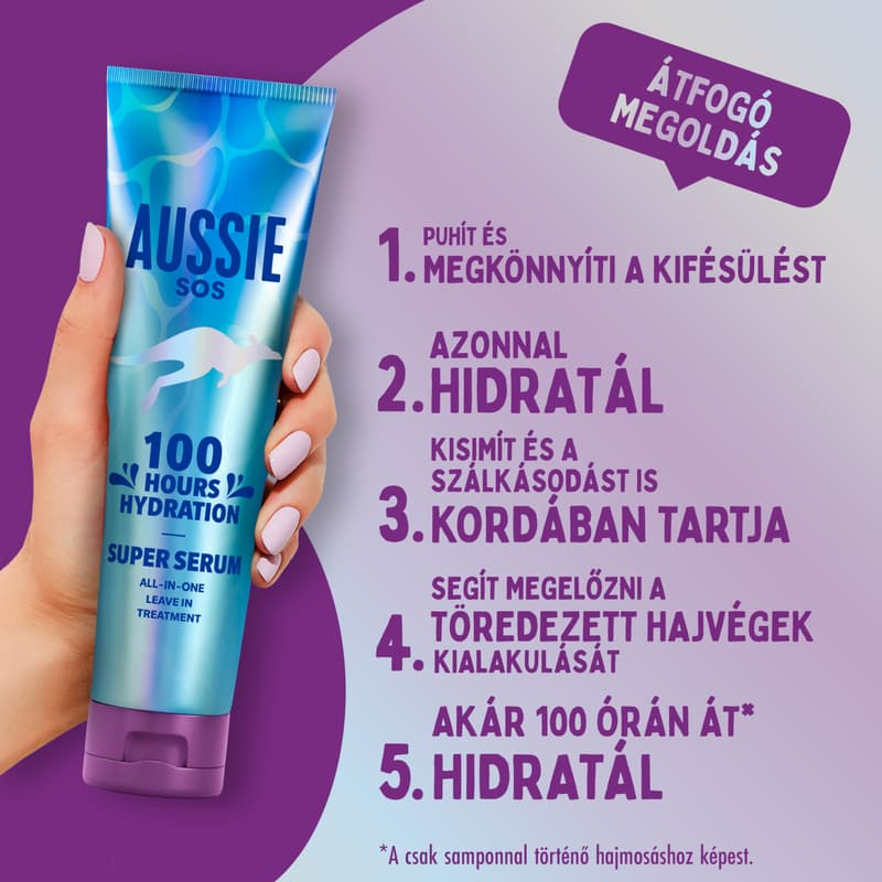 Aussie SOS Hajon Hagyható Szuper Szérum Száraz Hajra. Akár 100 Órás Hidratálás