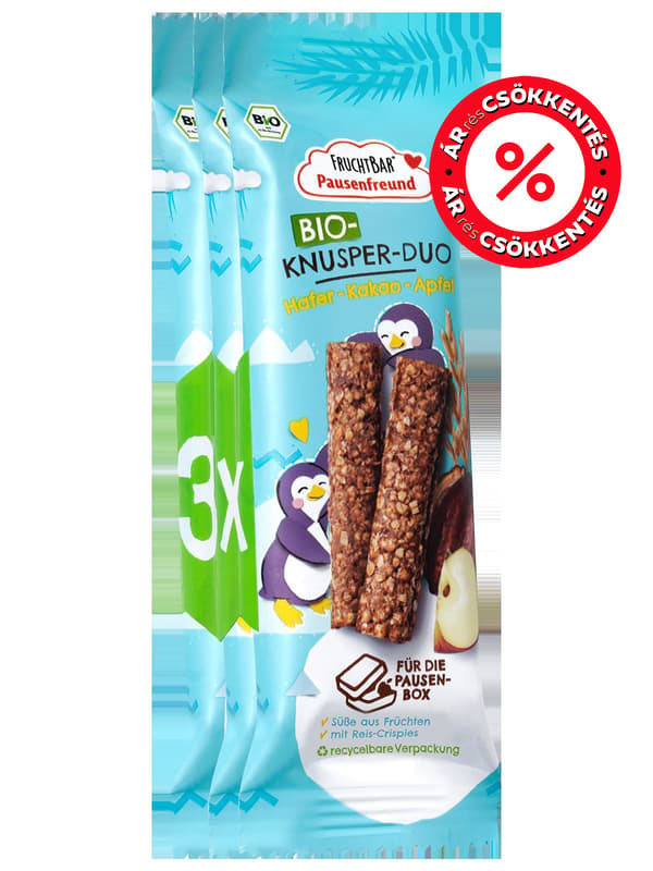 Fruchtbar Pausendfreund BIO Duo rágcsa Zab, kakaó, alma 3 éves kortól (3x23g)