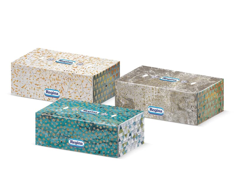 Regina Gold 96 db-os, 4 rétegű dobozos papír zsebkendő többféle mintával