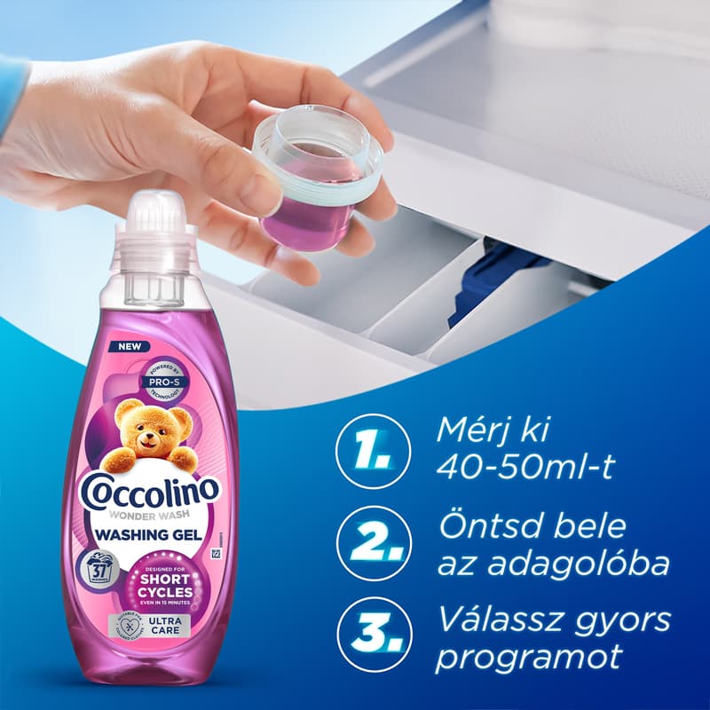 Coccolino Wonder Wash mosószer gyors mosáshoz, Ultra Care, 37 mosás, 1.48 l