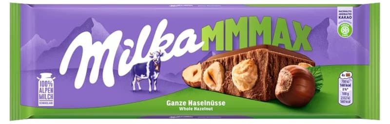 Milka alpesi tej felhasználásával készült tejcsokoládé egész mogyoróval