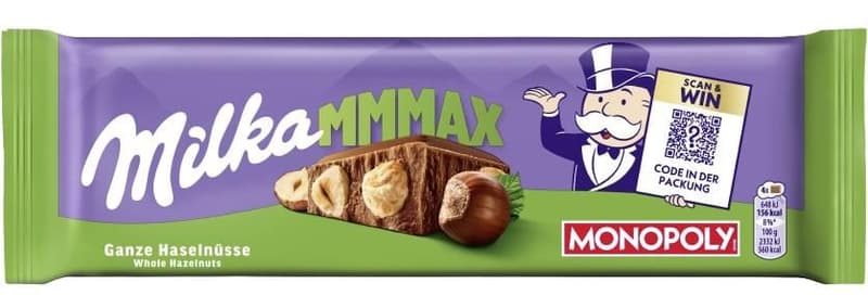 Milka alpesi tej felhasználásával készült tejcsokoládé egész mogyoróval