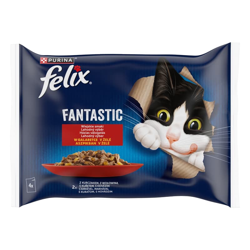 Felix Fantastic Marhával/Csirkével aszpikban nedves macskaeledel (4x85g)
