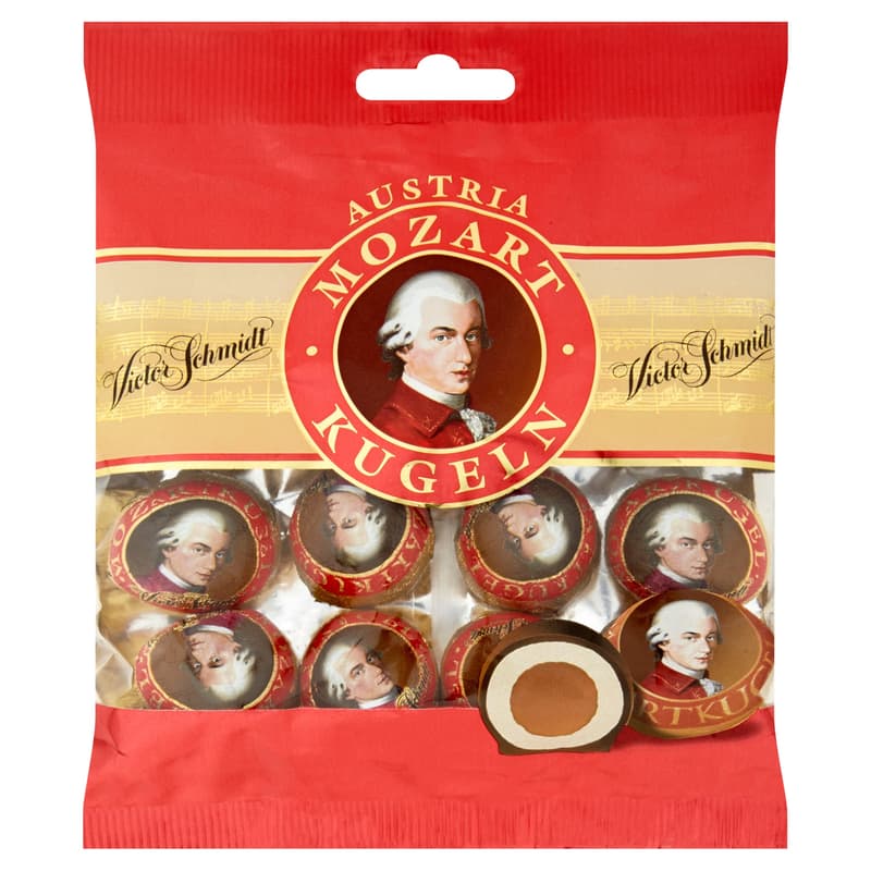 Chocolate pralines filled with marzipan and nougat cream with Victor Schmidt Mozartkugeln