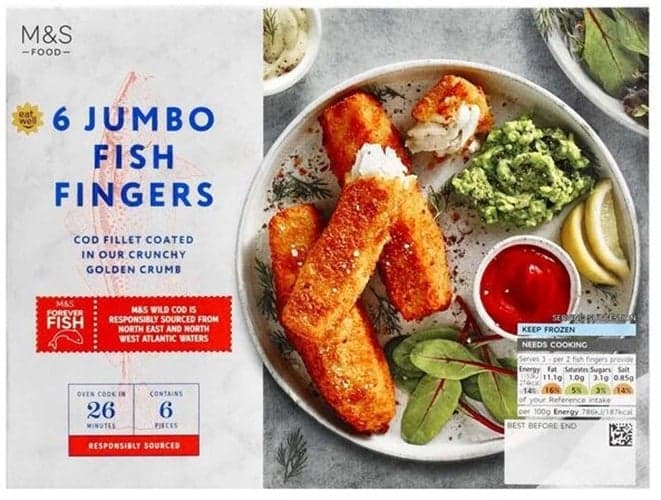 Marks & Spencer 6 nagy tőkehal rudacska zsemlemorzsa panírban