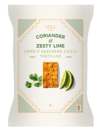 Marks & Spencer Kukorica tortilla, ízesítve szárított piros paprikával, szárított korianderrel, szárított lime levével, chili porral, szárított citromlével és habanero chili porral