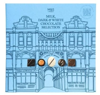 Marks & Spencer Tej-, ét- és fehércsokoládé válogatás különböző töltelékekkel
