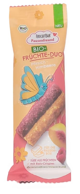 FruchtBar Pausenfreund – Bio Gyümölcs Duó Őszibarack, Málna 3 éves kortól