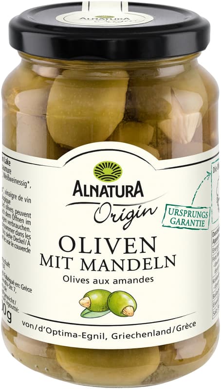 Alnatura bio olajbogyó, zöld, mandulával, sós lében (350 g)