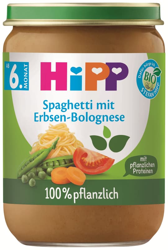 Hipp BIO Spagetti paradicsomszószban borsóval és borsófehérjével, 6 hónapos kortól