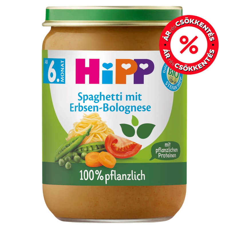 Hipp BIO Spagetti paradicsomszószban borsóval és borsófehérjével, 6 hónapos kortól